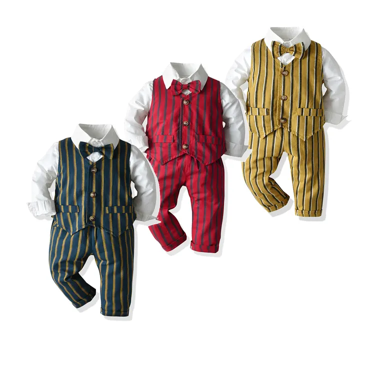 Baju Butik Anak Laki-laki, Pakaian 3 Potong Anak Laki-laki, Baju Anak Laki-laki Motif Garis Formal, Pakaian Butik Musim Gugur, Grosir