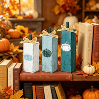 3 décorations en bois de citrouille bleues vieillies, design colonne verticale pour la décoration de fête de Thanksgiving