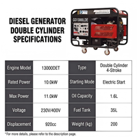 Générateur diesel silencieux HENGWUTUO 10kW 12.5kVA à double cylindre GG13000LDE 220V/380V, refroidissement par air, démarrage électrique, 50Hz, ouvert
