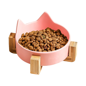 Bol pour animaux de compagnie en céramique à oreilles de chat mignon avec conception <span class=keywords><strong>anti</strong></span>-chute et trop-plein cadre en bois surélevé antidérapant pour l'alimentation des chats et des chiens <span class=keywords><strong>d</strong></span>'intérieur - Product Image 5