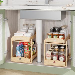 Organisateur de lavabo coulissant à 2 niveaux en bambou moderne pour le rangement domestique du salon, installation facile - Product Image 3