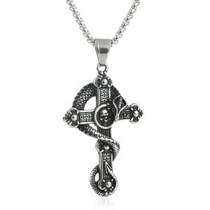 Stainless Steel <b>Cross</b> Pendant With Snake And Skull Men's Necklace Punk Style Fashion Jewelry - Product Image 2