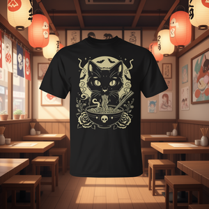 Camiseta con diseño de gato negro comiendo ramen japonés, estilo kawaii - Product Image 3