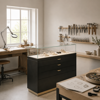 Vitrine de présentation de bijoux sur pied personnalisable, en verre, acier inoxydable et bois, avec éclairage LED, pour magasin de détail