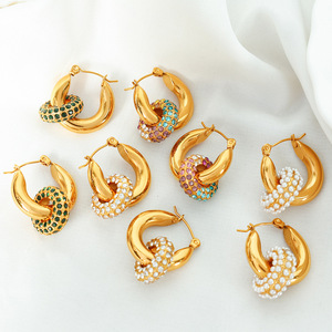 Pendientes de Aro Chapados en Oro con Incrustaciones de Perlas y Diamantes de Imitación, Diseño Geométrico en Forma de U, Joyería para Fiesta, Poste de Acero Inoxidable - Product Image 2