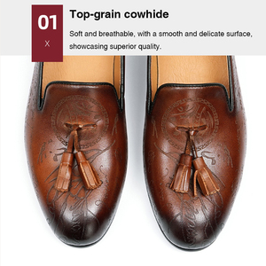 OEM Custom Comfort Tassel <strong>Loafers</strong> Hand-carved British Retro Distressed Cowhide Leather Spring Summer Men's Slip-on Shoes - Product Image 3