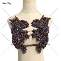 WDP-296 Nouveau Design Coloré Fleurs Noir Cristal Patch Brun Strass Applique Broderie