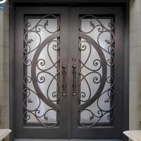 Porte d'entrée double pour villa à toit cintrée, en fer forgé, avec motif en spirale bronze antique et verre trempé