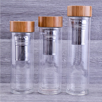 Dinding Ganda Terisolasi Premium Tinggi Borosilikat Kaca Teh Infuser Botol Air Buah dengan Tutup Bambu Anti Bocor
