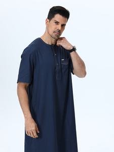 <b>Men's</b> Navy Blue Cotton <b>Thobe</b> Short Sleeve Floor Length Loose Fit Casual Daily Wear All Seasons Breathable Modest Style - Product Image 2