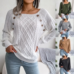Suéter casual de punto trenzado con cuello cuadrado y botones para <span class=keywords><strong>mujer</strong></span>, para otoño e invierno - Product Image 1