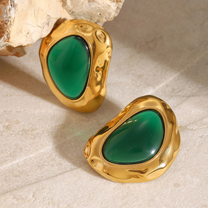Ins Hot Bán 18K mạ vàng thép không gỉ đánh bại mô hình ngọc lục bảo lớn Emerald Earring Stud cho phụ nữ - Product Image 5