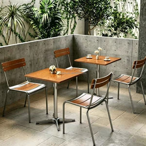 Mesa Redonda con Tapa de Madera y Base de Metal, Sillas Apilables con Estructura Metálica y Listones de Madera para Cafetería, <span class=keywords><strong>Bistro</strong></span>, Terraza de Restaurante - Product Image 3