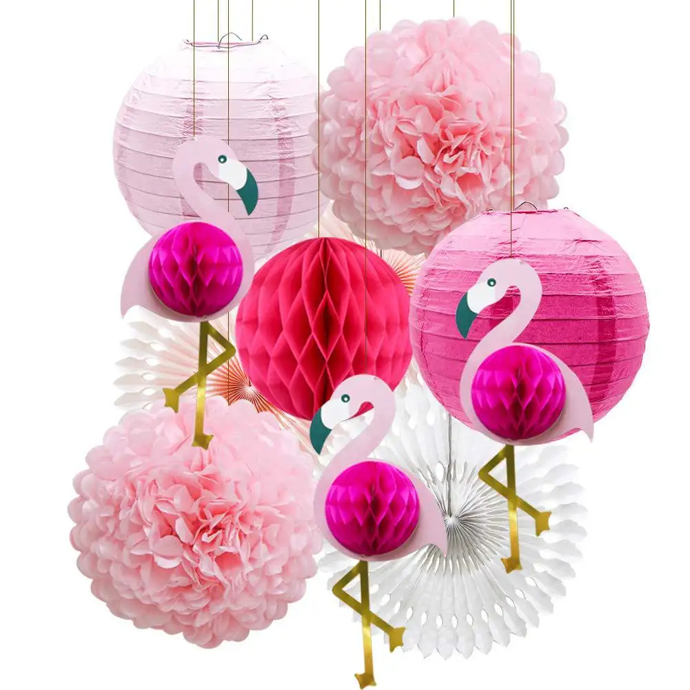 ピンクのフラミンゴパーティーデコレーションハニカムボール、ポンポン紙の花ティッシュペーパーファンサマービーチパーティー用提灯