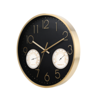Horloge murale analogique à quartz silencieuse en métal noir et or de 14 pouces avec thermomètre et hygromètre, fonctionne sur piles