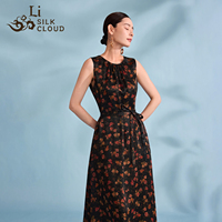 Gaun Maxi panjang selutut tunik sutra leher-o elegan musim panas untuk wanita motif bunga renda alami pinggang cetakan Digital