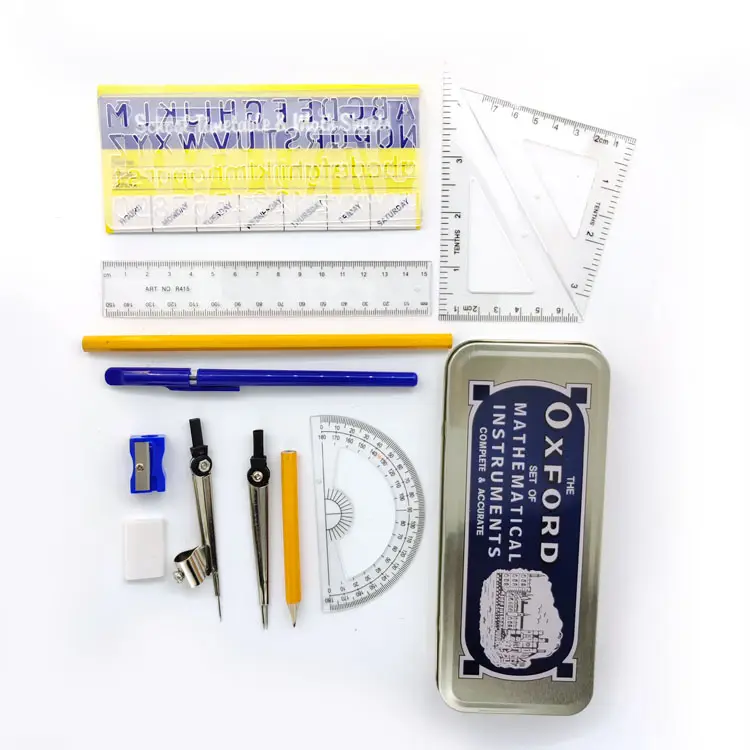 High Quality Oxford School Stationery Set 14pcs Math Set Mathematical Instruments of Compass Pencil Ruler with Metal Tin Box
