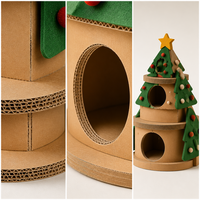 Tour à chat en carton ondulé en forme de sapin de Noël à trois niveaux avec griffoir, étoile décorative et pompons