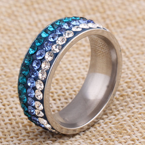 <b>Crystal</b> <b>Ring</b> 8MM Three Row Gradient Blue Stainless Steel Women's Everyday Wear Jewelry Channel Setting - Product Image 3