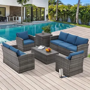 Custom Easy-to-maintain 7 Pieces Handwoven PE Rattan Wicker Outdoor Furniture Patio Sofa Set