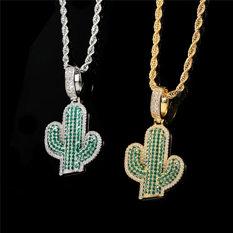 New Arrival fashion full drill zircon diamond pendant necklaces green natural plant Cactus hip hop rap rock pendant men jewelry