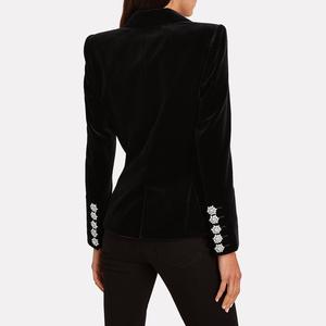 Latest <strong>Black</strong> Women Slim Fit Satin Trim Double-Breasted <strong>Velvet</strong> Blazer <strong>Jacket</strong> - Product Image 4