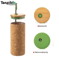 Portable écologique grande capacité en céramique bouteille d'eau minérale couvercle en bambou manchon en Silicone tasse en liège verre paille-marque tangible