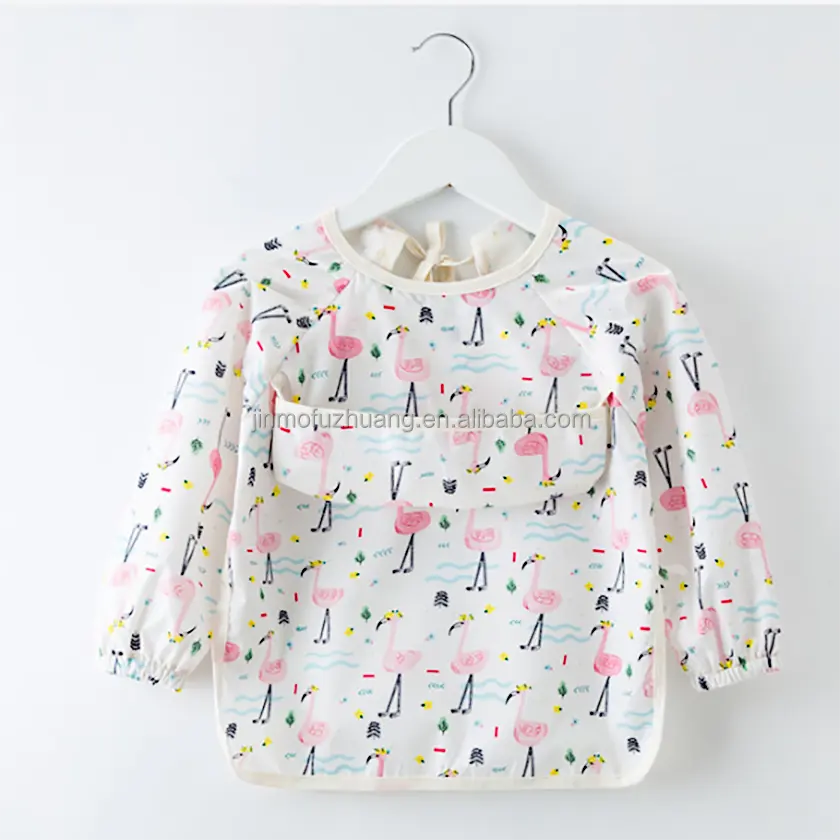 Vente en gros de bavoirs pour bébé Tablier imperméable à l'eau à manches longues Bavoirs Smock Tablier Bavoir avec poche en polyester de 1 à 3 ans Logo personnalisé