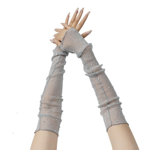 <span class=keywords><strong>Gants</strong></span> <span class=keywords><strong>longs</strong></span> sans doigts noirs en strass pour femmes, chauffe-bras en maille transparente, accessoire de clubwear orné de diamants étincelants - Product Image 5