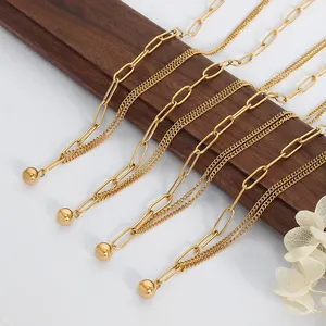 Minimalistischer 18k Gold-Ballanhänger Halskette Damenmode Edelstahl geschichteter Papierclip-Halsband wasserdichter Schmuck