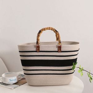 Bolso de Playa de Paja Grande para Mujer, con Rayas, Tejido con Hilo de Algodón, Estilo Retro, Portátil, para Verano - Product Image 3