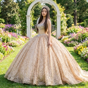 Vestido de Quinceañera Jancember Dy8538, Color Champán Dorado, Sin Tirantes, con Lentejuelas, Tul, Corsé con Cuentas y Cola - Product Image 1