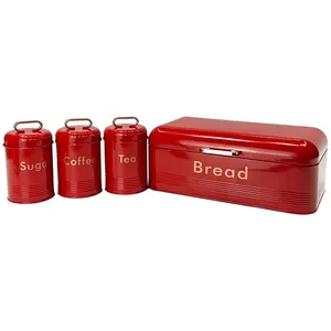 주방 카운터용 빨간 빵 상자, 3 개의 일치하는 커피 티 설탕 용기가 있는 대형 금속 빵 보관 용기