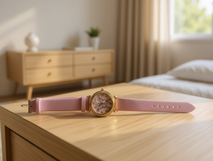 Orologio da donna alla moda, cinturino in pelle rosa, cassa placcata in oro, quadrante analogico rotondo resistente all'acqua - Product Image 2