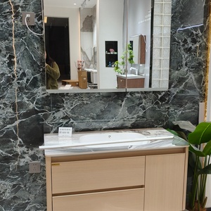 Mueble de baño estilo amarillo, mueble con espejo tipo colmena, lavabo blanco, mueble colgante con doble cajón. - Product Image 1