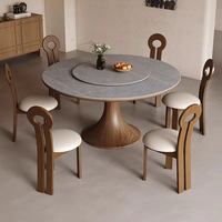 Mesa de Comedor Redonda de Piedra Sinterizada de Lujo con Base Giratoria, Pedestal de Madera Resistente a los Arañazos para Comedor