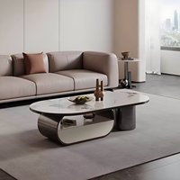Table basse ovale en pierre frittée aspect marbre, plateau en métal brossé, rangement multi-tiroirs, luxe léger pour maison, hôtel, villa