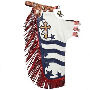 Cuissardes en cuir Western taille haute pleine longueur avec applique drapeau américain, ceinture à franges rouges, fabriquées à la main, unisexe, pour le Rodeo - Product Image 1