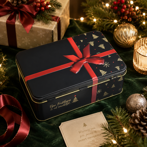 Rectangular Tinplate Gift <b>Box</b> Clamshell <b>Metal</b> Can Black Red Ribbon Holiday Packaging for Biscuit Cosmetic Gift - Product Image 1