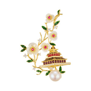 Chinese Style Plum Blossom Pavilion Brooch Copper Alloy Gold Plated Zircon Inlaid Freshwater Pearl Women's Fashion Accessory - Product Image 5