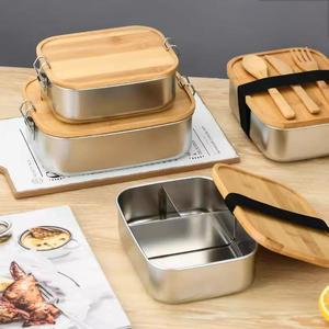 304 Stainless Steel <b>Lunch</b> <b>Box</b> Bamboo Lid Rectangle Bento <b>Box</b> For Office Students Picnic Outdoor Use - Product Image 2