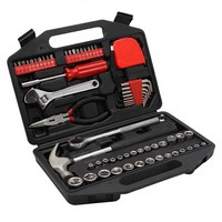 Ensemble d'outils ménagers de 60 pièces avec tournevis, clé à molette réglable, pince à bec long, clés hexagonales, marteau, ruban adhésif, étui