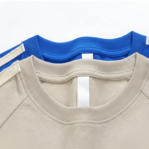 Camiseta de cinta de rayas dobles de color de contraste 240gsm manga raglán de algodón puro - Product Image 1