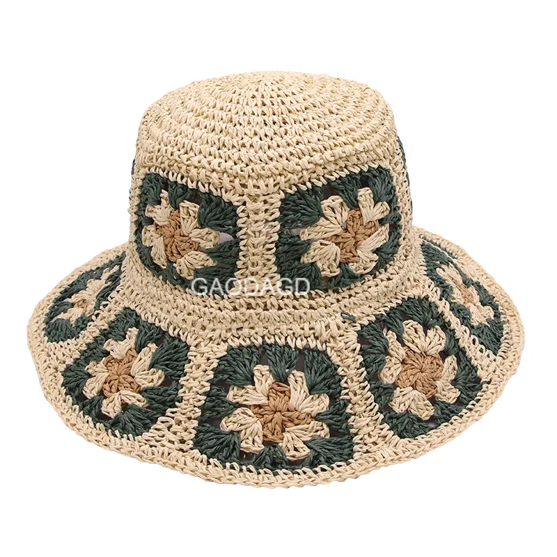 D a buon mercato nuovo modello Cloche traspirante fatto a mano carta uncinetto cappello secchio con fiore per le donne