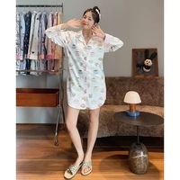 Expédition rapide, robe de pyjama décontractée en coton brossé 100%, dessin animé respirant, col rabattu, boutons, manches longues, flanelle pour femmes