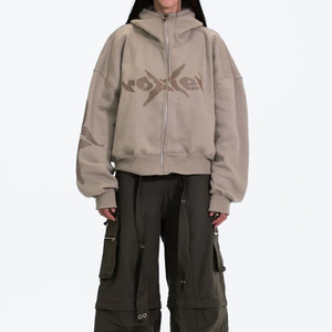 Tùy chỉnh thiết kế cổ điển rửa đồ họa màu đen nặng nề Cotton DạO Phố quá khổ thả vai đầy đủ Zip Up Áo trùm đầu - Product Image 5