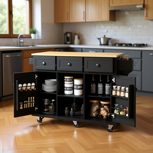 Chariot de cuisine moderne DB en bois d'hévéa avec plateau rabattable, 3 tiroirs, 6 étagères et roulettes, meuble de rangement îlot - Product Image 2