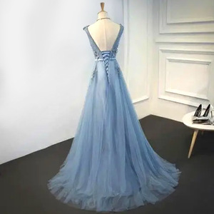 Blue Long Evening Gown Women V Neck Sequined Stage Performance Dress Solid Color Polyester Fabric - Product Image 2