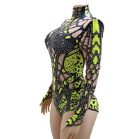 Costume de scène vert néon avec strass pour femmes, combinaison à manches longues et col haut à imprimé léopard, danse EDM festival