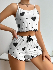 European and American Women's Knitted Pit Stripe Print <b>Sweet</b> Camisole Pajamas - Product Image 2